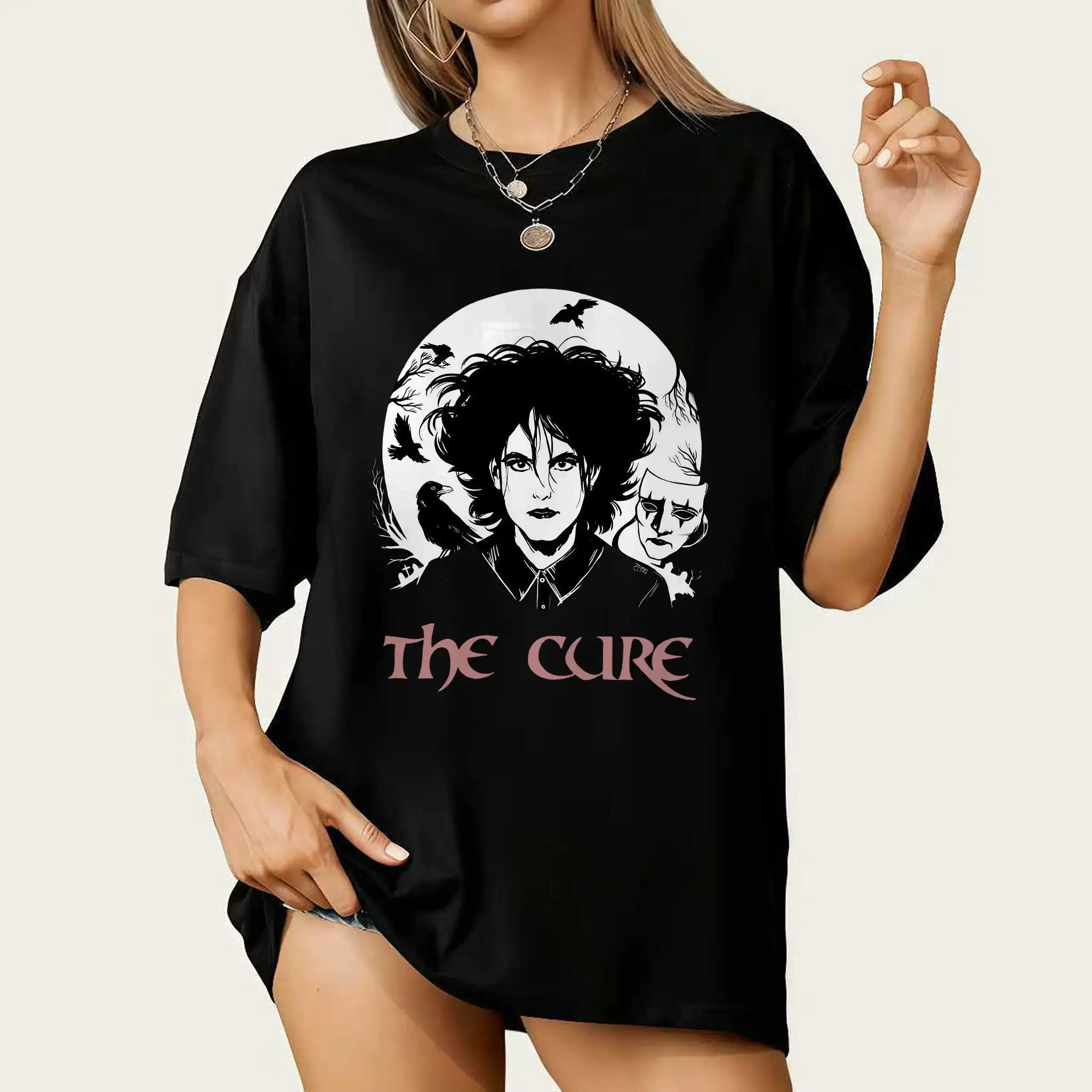 

Женская летняя футболка больших размеров в винтажном стиле The Cure Cat, хлопковая, дышащая, стильная, универсальная, в уличном стиле, оверсайз