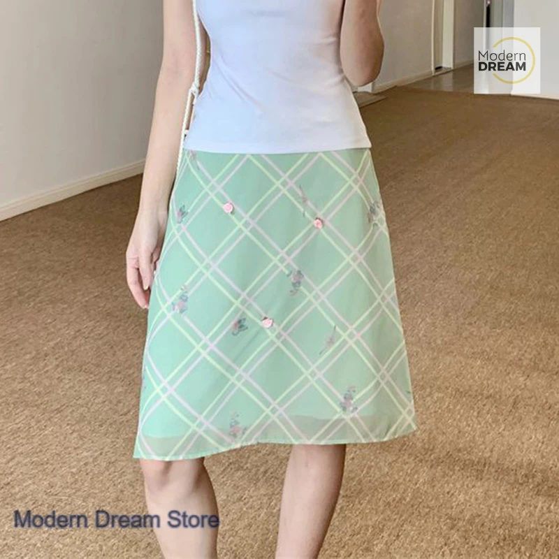 Korean mint mambo green plaid floral high waist skirt female summer fresh and sweet college temperament casual A word skirt