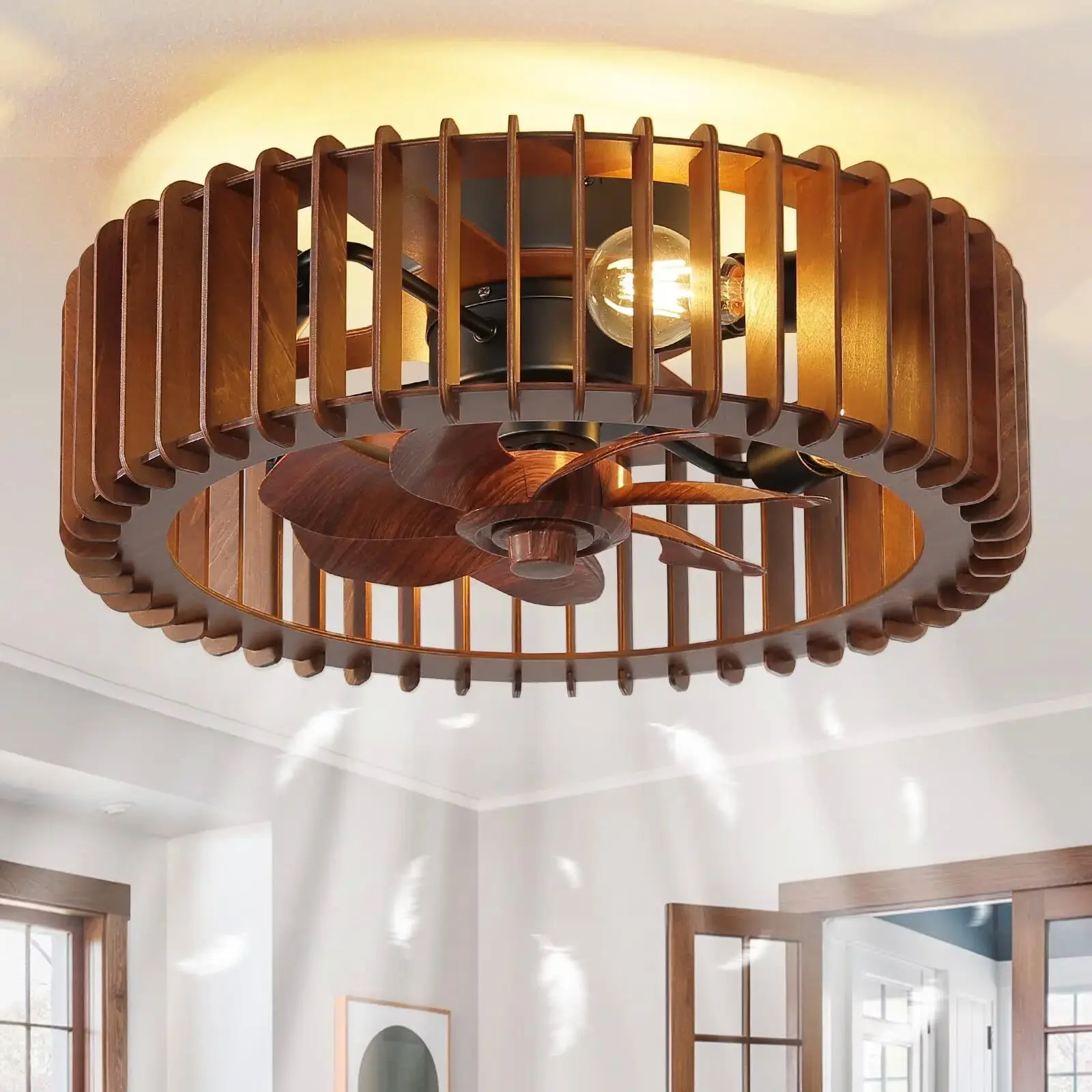

Scandinavian Ceiling Fan Pendant Light Wabi-Sabi Wooden Retro Creative Bedroom Wood Craft Pumpkin Ceiling Fan Light Fixture