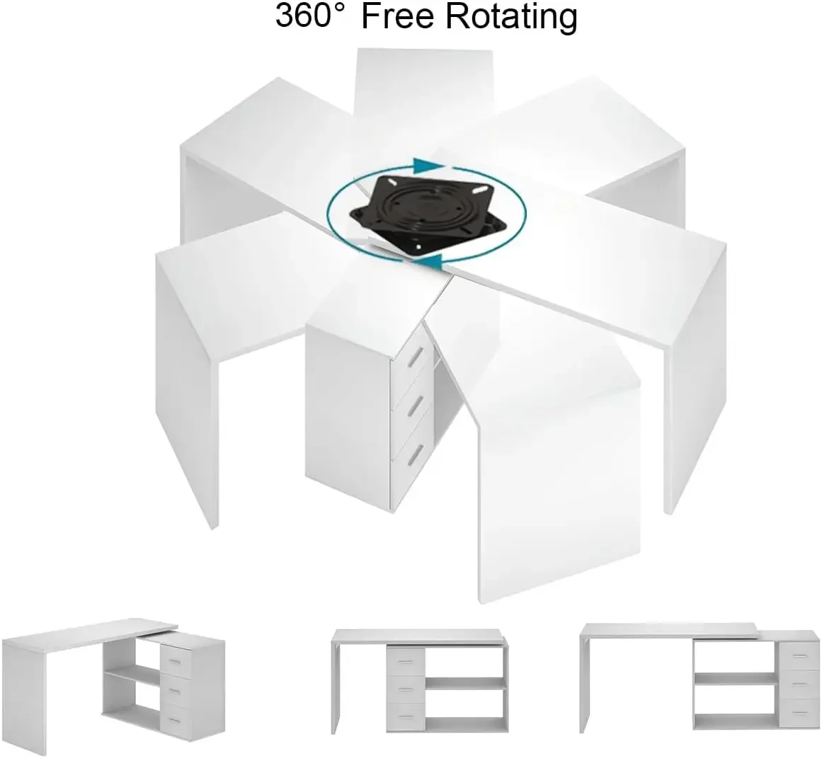 HSH Branco L Shaped Mesa com gavetas, Mesa do computador, Armário de armazenamento, Canto, Casa, Escritório, 360 Rotating