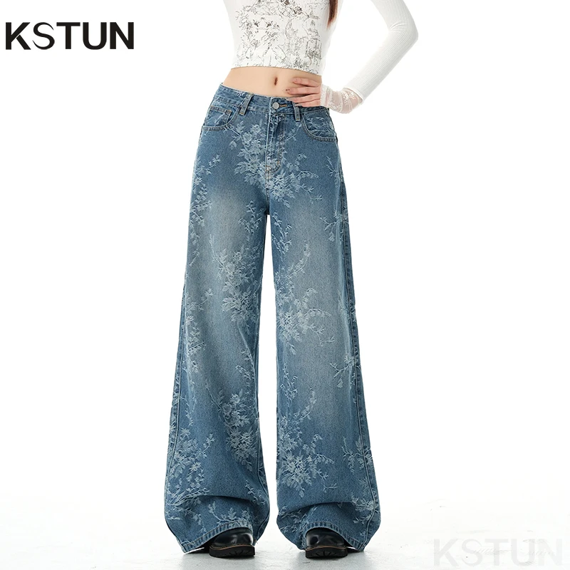 KSTUN 2026 Jacquard Embroidery Jeans For Women Wide Leg Denim Pants High Waisted Mom Jeans Fashion Vintage Full Length Trousers