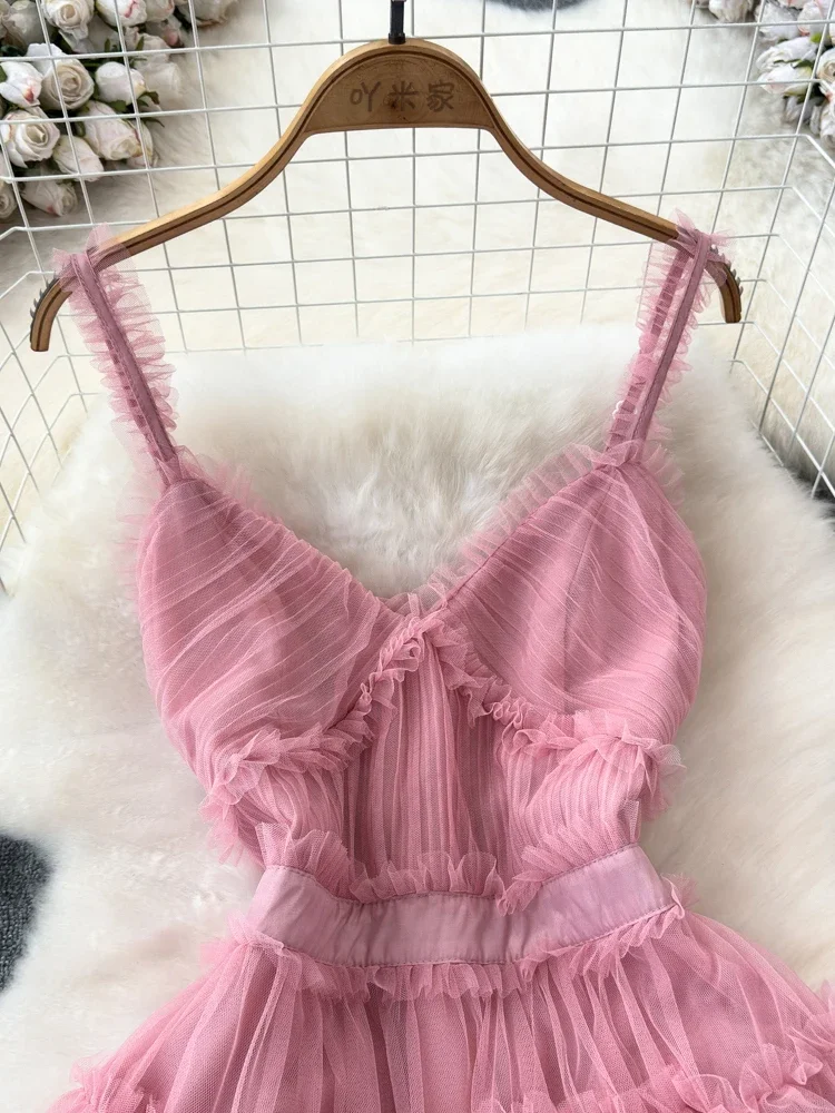 Summer New Fashion V-neck Backless Suspender Long Dress for Women\'s Pink Beach Vacation A-line Mesh Cake Dress A32