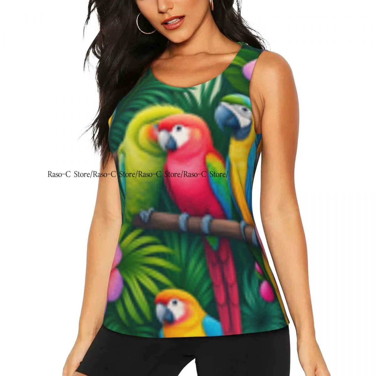 Women Casual Sport Yoga Vest Tropical Leaves With Colorful Parrot Birds Quick Dry Running T-shirt Training Workout Gym Sleeveles