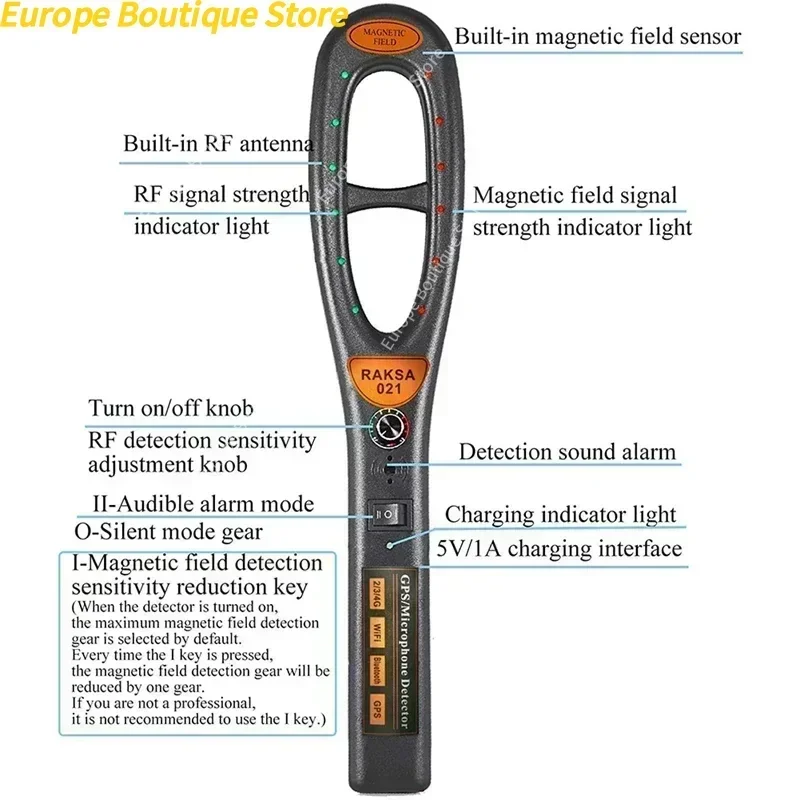 Raksa 021 ماسح ضوئي محمول للأمن كاشف إشارة GPS للسيارة اللاسلكية للكشف عن إشارة RF اللاسلكية وكاشف المغناطيس #3