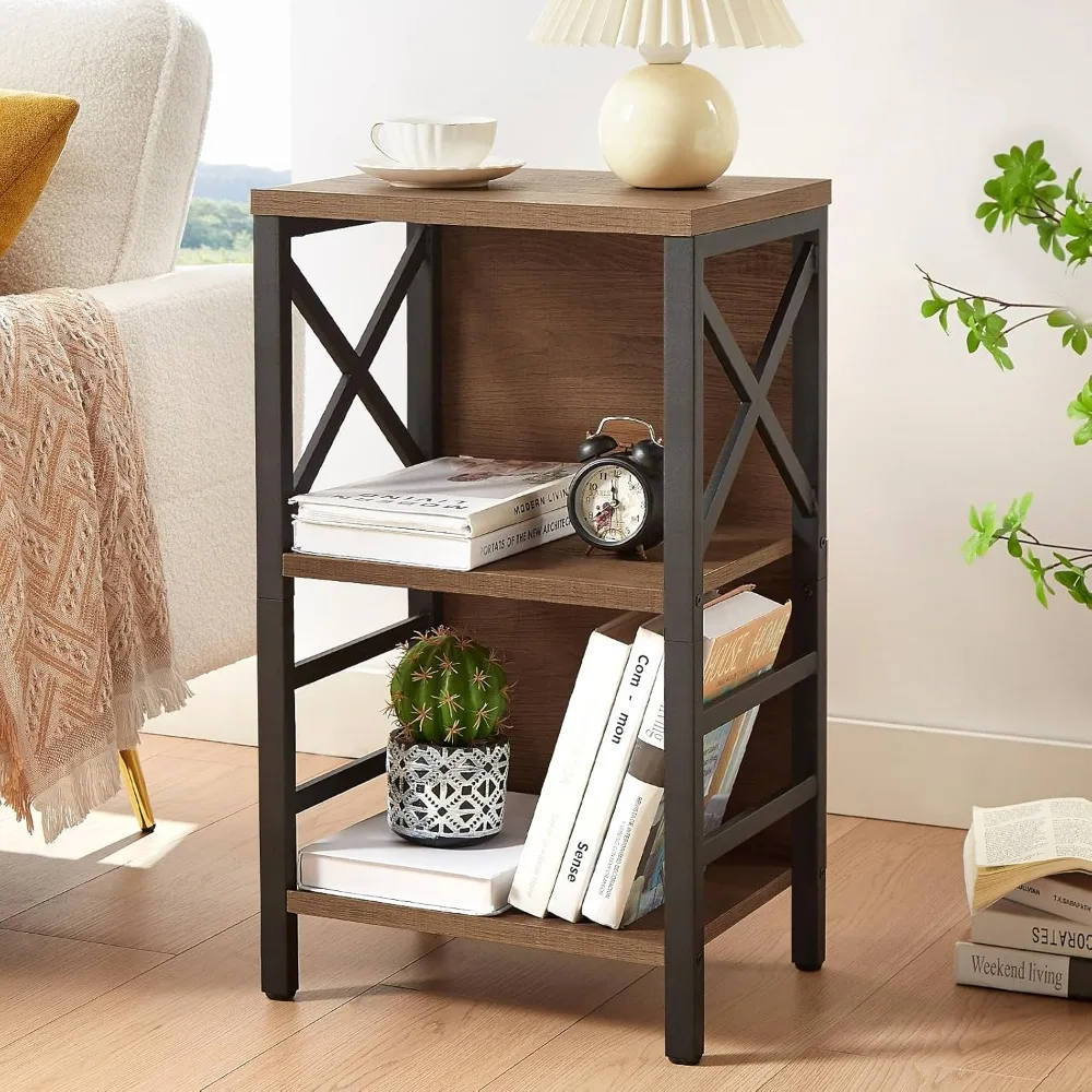 Small Bookcase,3 Tier Industrial Bookshelf with Metal Frame and Backboard,Low Rustic Brown Book Shelf,Small Book case for Small