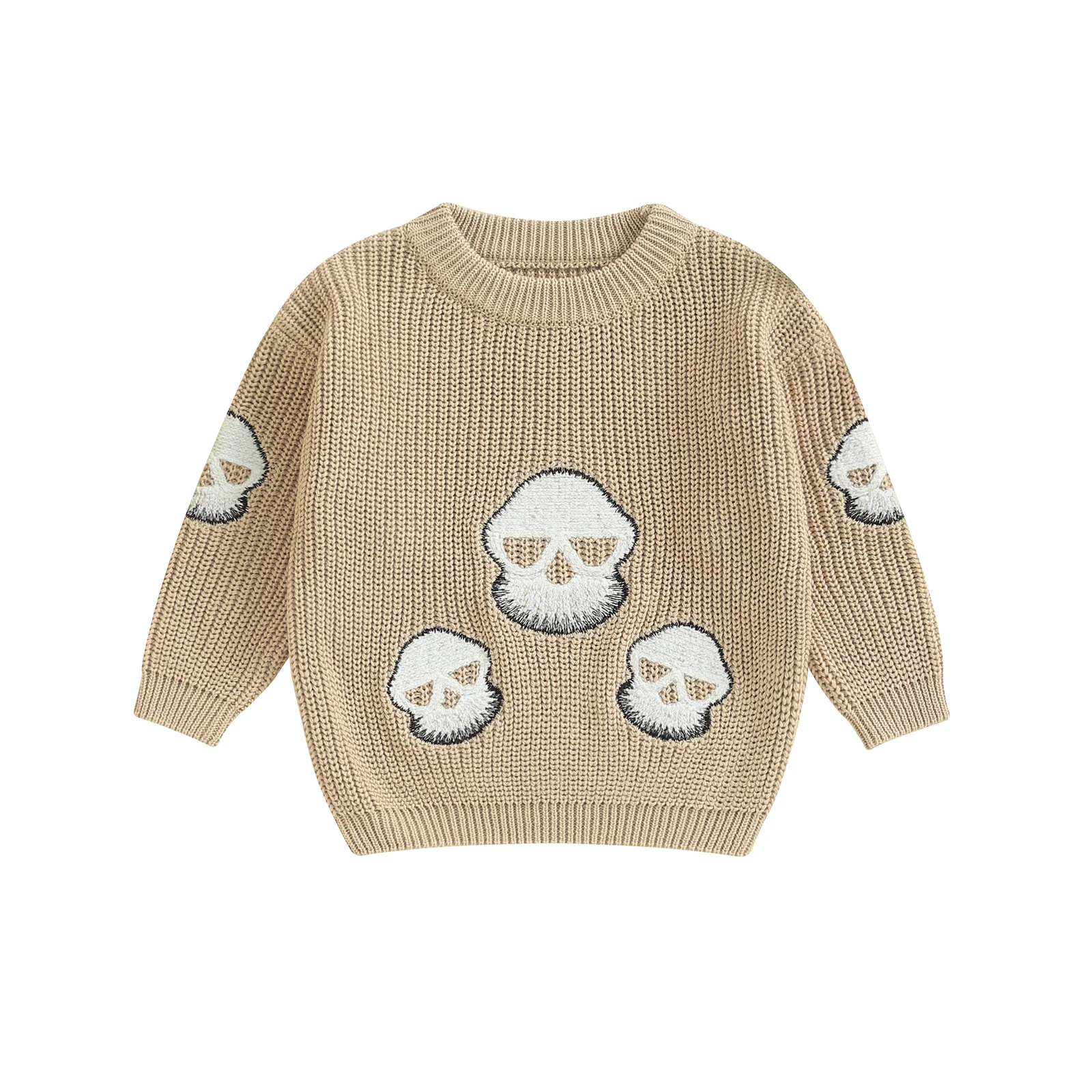 Baby Boy Girl Halloween Sweaters Long Sleeve Round Neck Ghost Skull Embroidery Tops Autumn Winter Toddler Sweaters