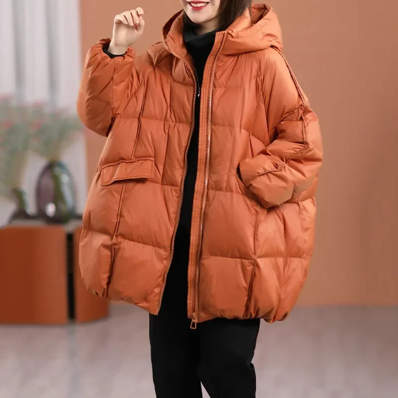 Lagabogy 2023 New Winter Women White Duck Down Jacket Hooded Warm Oversize Puffer Coat Female Casual Loose Parkas Pocket Outwear