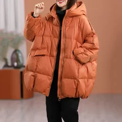 Lagabogy 2023 New Winter Women White Duck Down Jacket Hooded Warm Oversize Puffer Coat Female Casual Loose Parkas Pocket Outwear