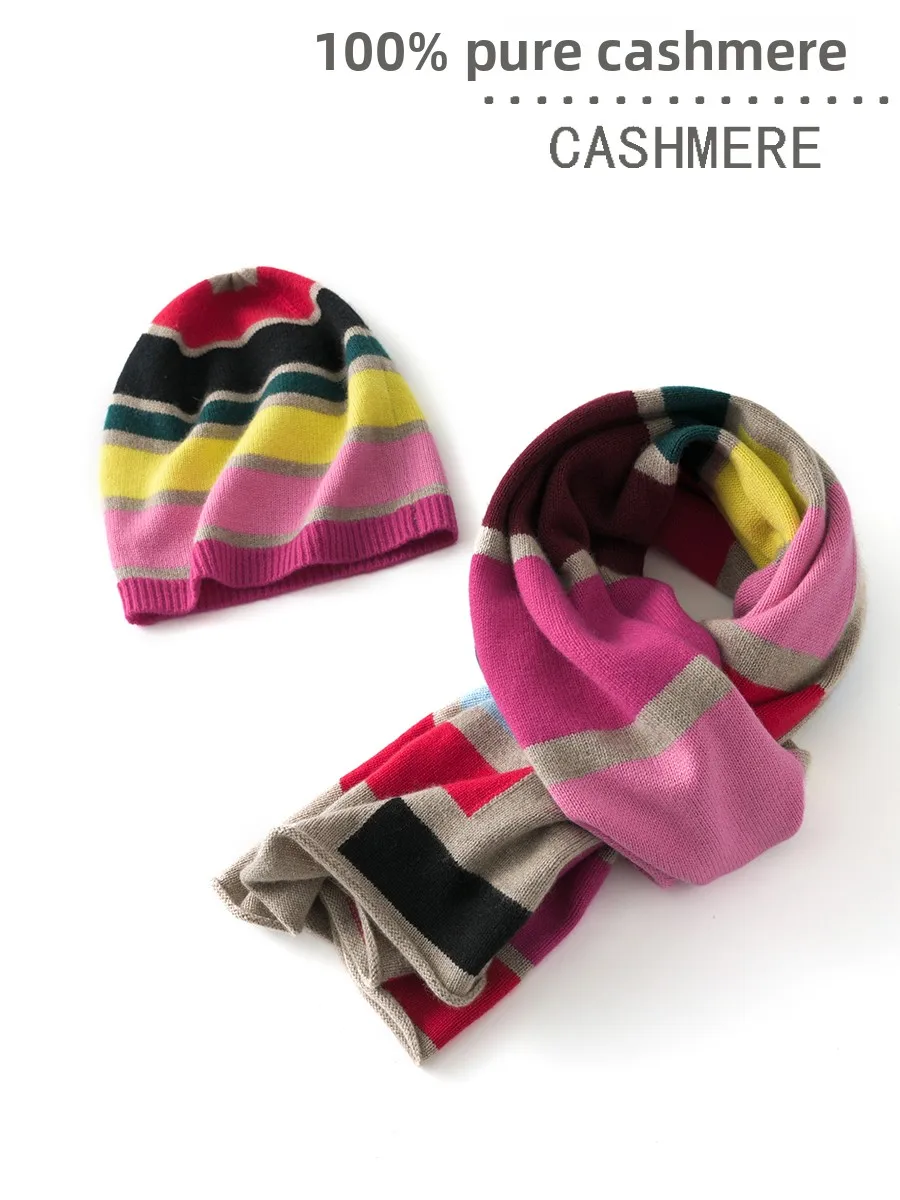 thiened-rainbow-stripes-00-pure-camere-hat-scarf-set-extra-large-dopane-color-hat-scarf-awl-two-piece-set