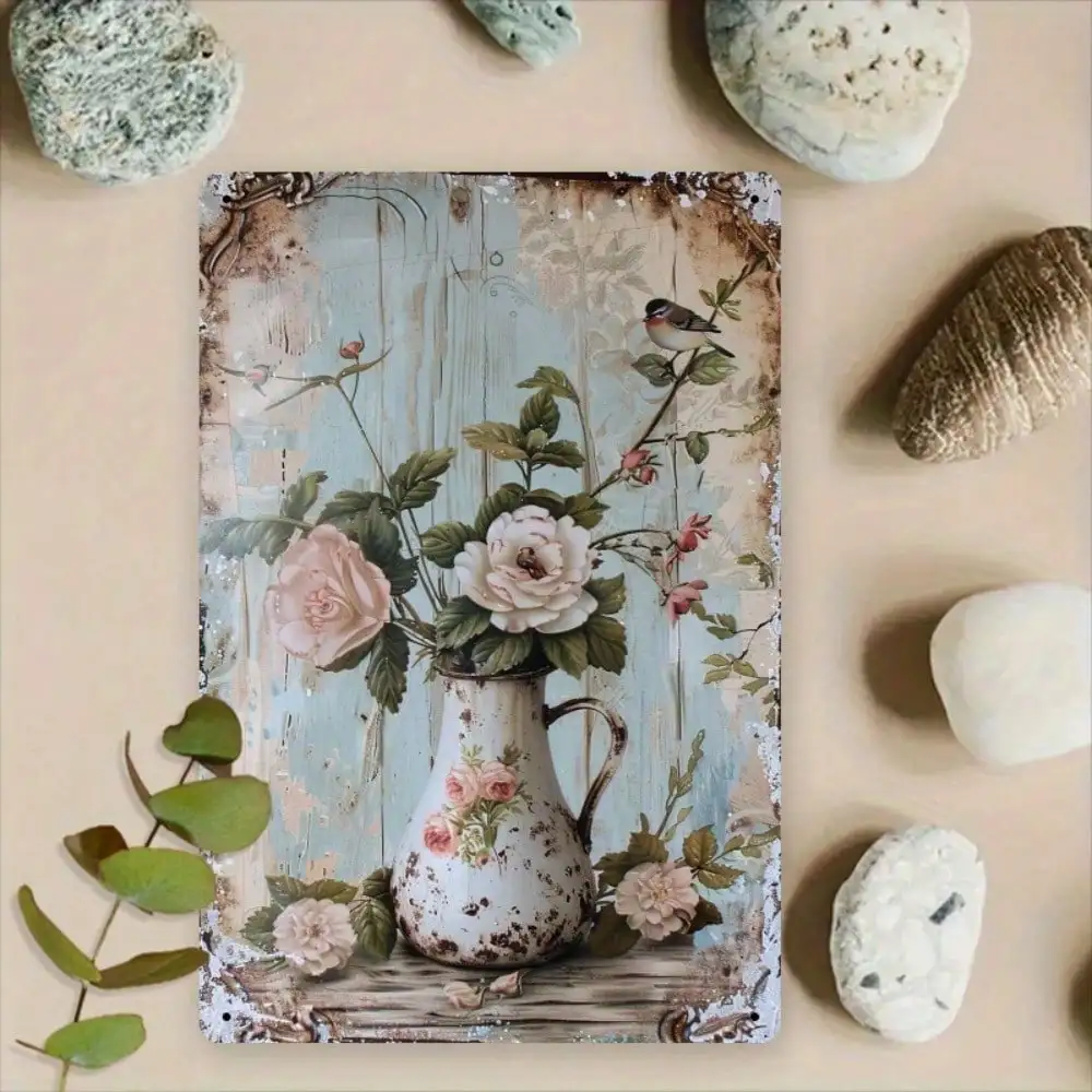 Letrero de Pared Metálico Vintage, Decoración de Hierro Resistente a la Oxidación con Rosas, Arte de Pared Plano Retro 2D para Hogar, Jardín, Garaje, 8x12 Pulgadas