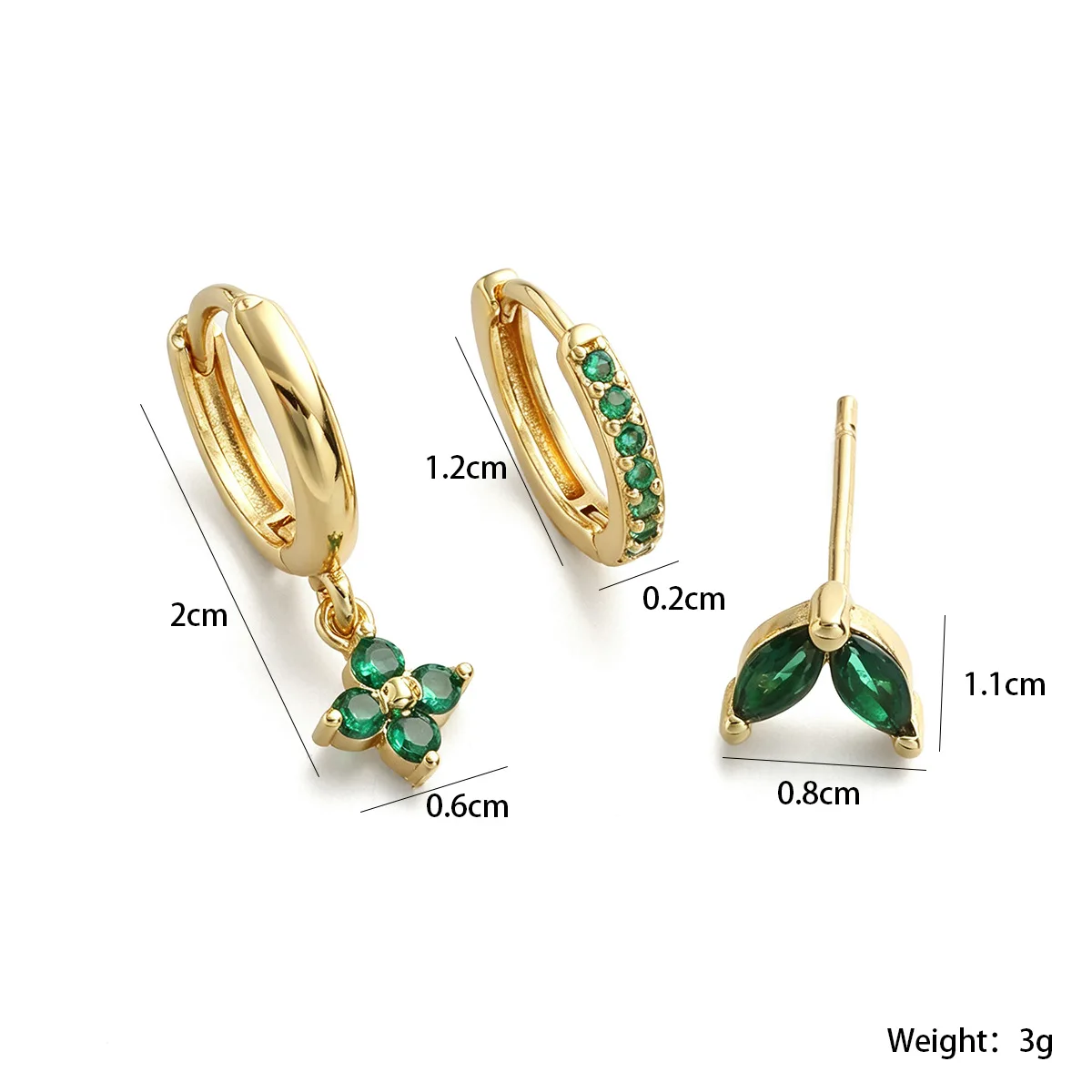 GANPUP 3 Stück Trendige Grüne Zirkon-Blumen-Creolen für Damen, Modischer Neuer Ohrpiercing-Schmuck, Geschenk für Party, Damenohrringe – Detail 1
