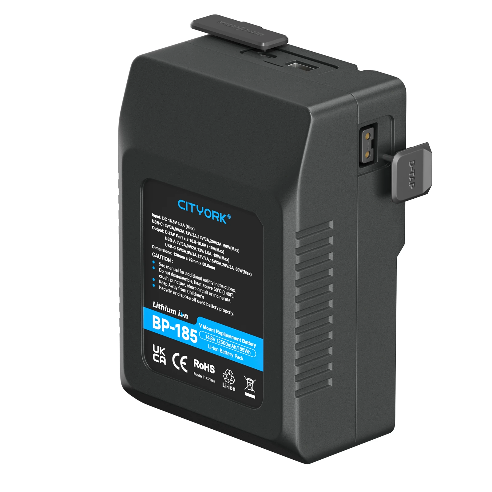 CITYORK V Mount Battery BP-185 With Fast Charge Port for Sony HDCAM,LED Light,XDCAM,DSLR BMPCC 4K,Monitor,Digital Cinema Cameras