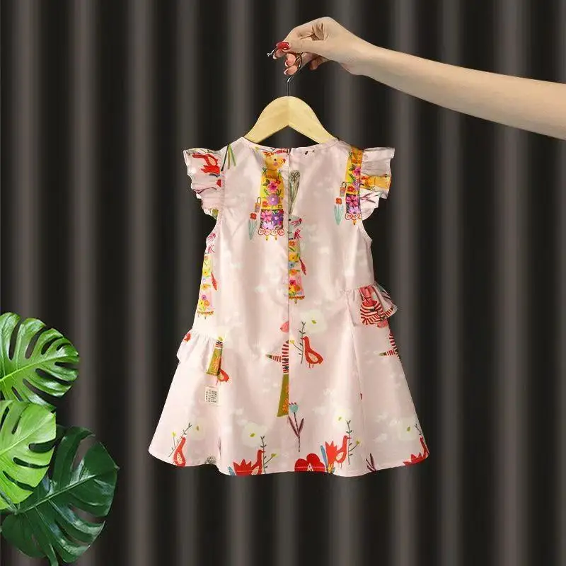 2025 New Kids Dresses For Girls Wooden Earring Sleeveless Printed Dress Summer Daily Casual Style Baby Girl Clothing