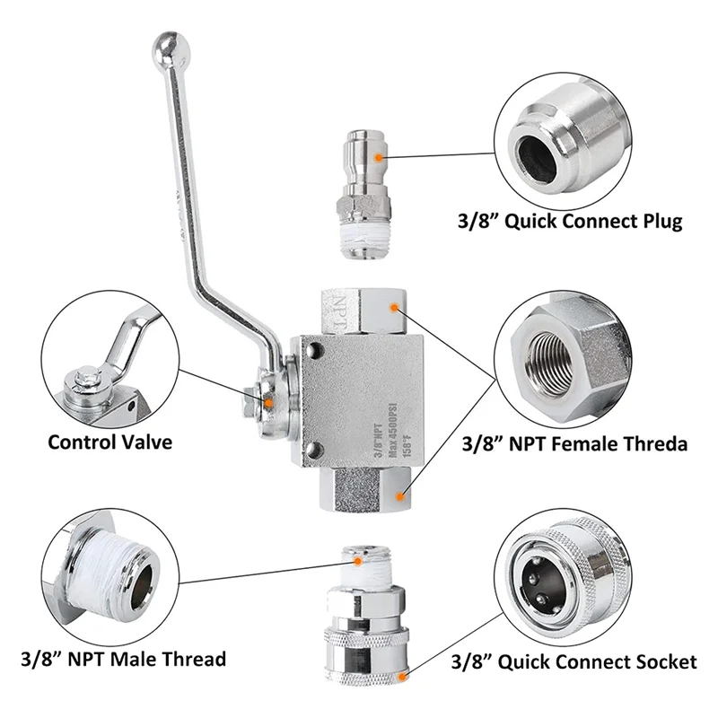 AB46-4500PSI Ball Valve Kit Switch With 3/8Inch Quick Plug Connector For Pressure Washer Hose Pump