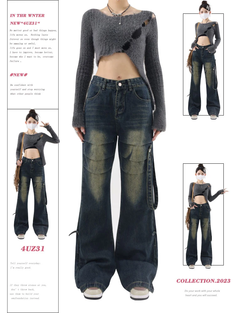 

Women Baggy Blue Cargo Jeans Vintage High Waist Cowboy Pants Harajuku Denim Trousers 90s Aesthetic Y2k Trashy 2000s Clothes 2024