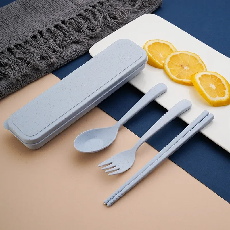 4Pc/set Wheat Straw Dinnerware Set Portable Ravel Cutlery Reusable Chopstick Fork Knife Spoon Tableware Box Chopsticks Set