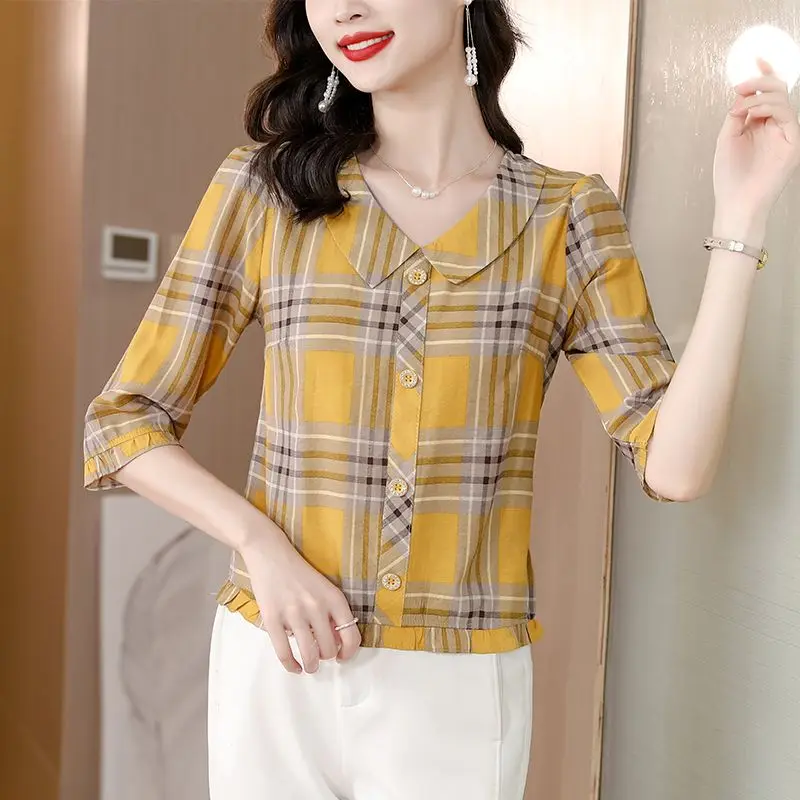 2023 Stylish Plaid Casual Peter Pan Collar Blouse Spring Summer 3/4 Sleeve Button Female Clothing Spliced Commute Straight Shirt