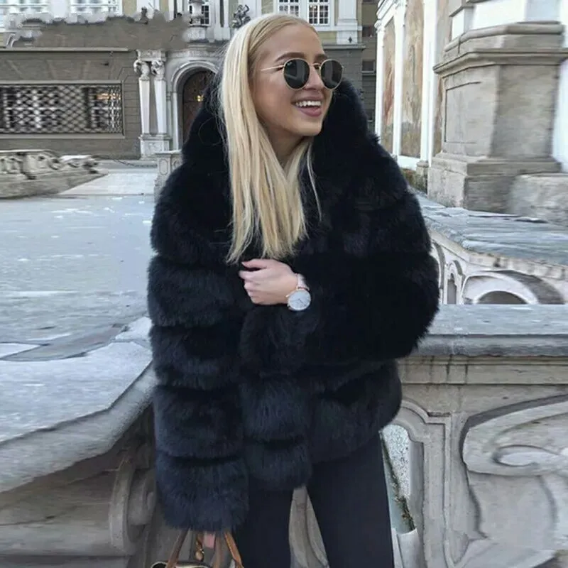 Ladies Fox Coat Luxury Faux Fox Fur Short Hooded Jacket Women Fashion Winter Warm Thick Fake Fur Coats Flurry Fur Overcoat 2024