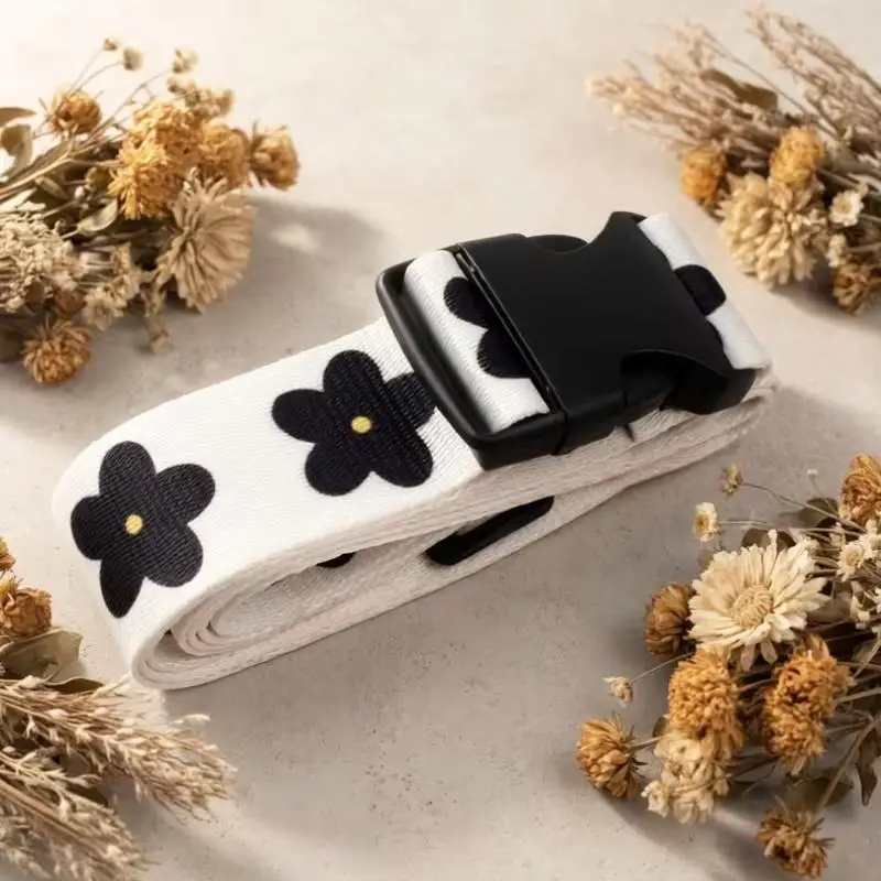 Adjustable Black Floral Print Luggage Strap for Travel Heavy Duty Plastic Buckle Secure Suitcase Fastener for Outdoor Trips