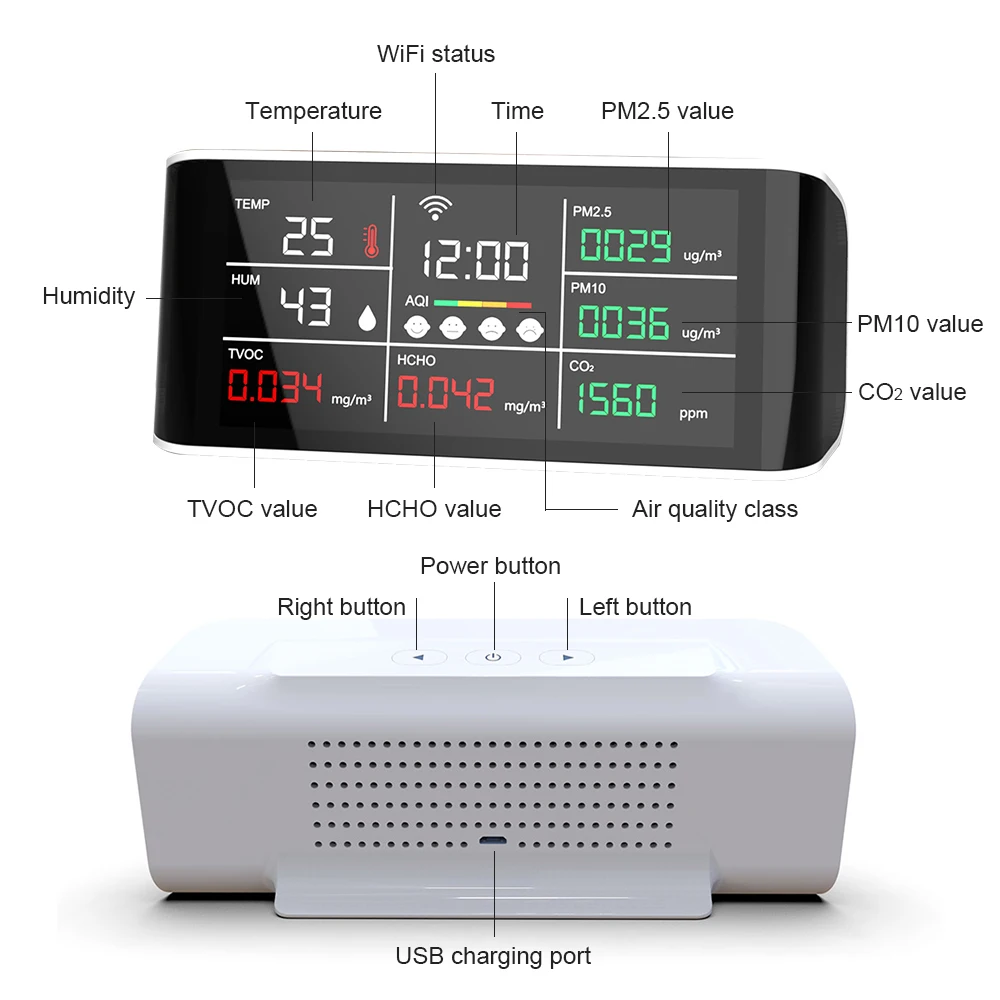 Dienmern DM69D WIFI Desktop CO2 Quality Detector LCD Display PM2.5/HCHO/Temperature/Humidity Sensor Tester,Tuya Wifi Connection