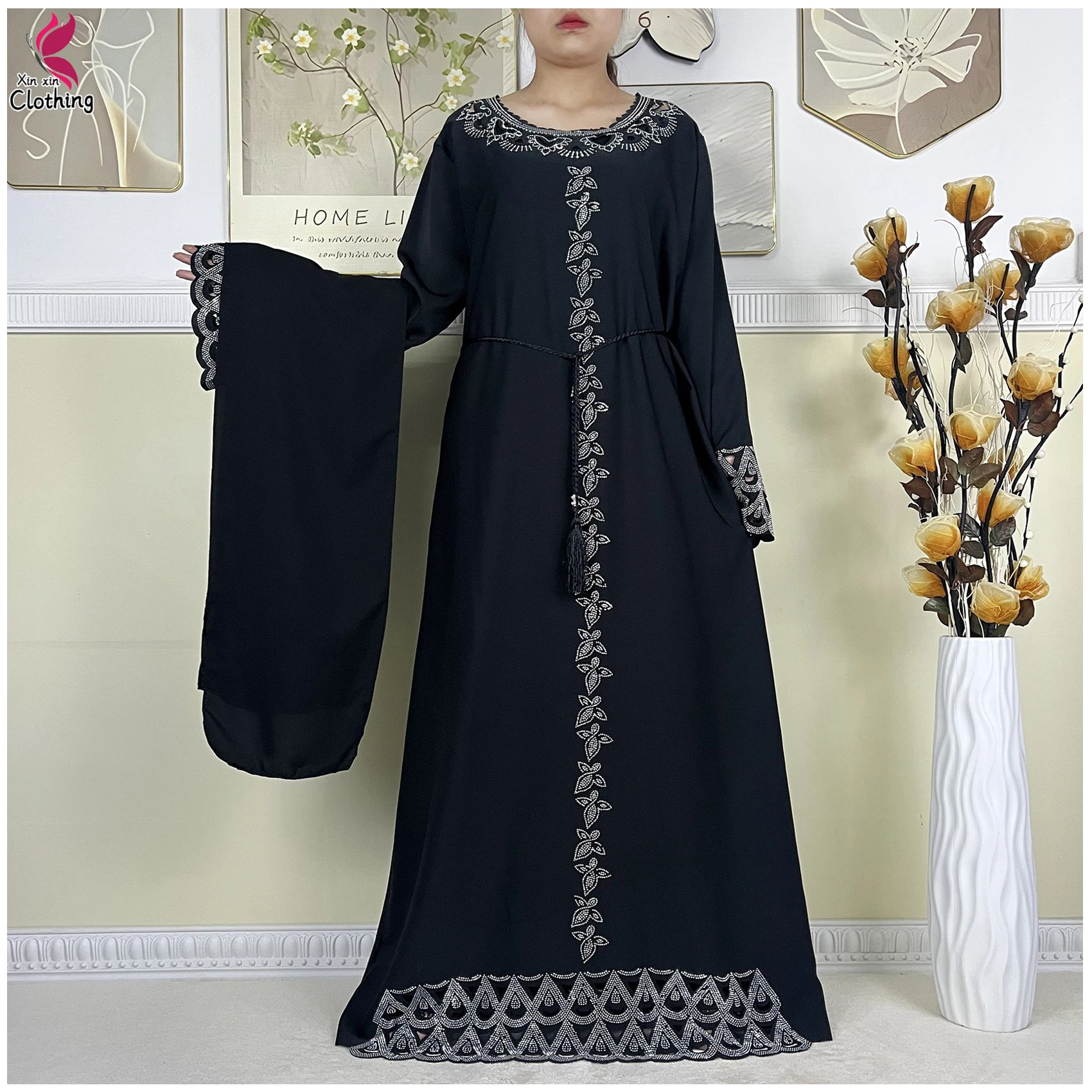 

New African Clothes Women Dashiki Dress Chiffon Abaya Long Sleeves Dress Islamic Casual Clothing Women Diamond Muslim Long Dress