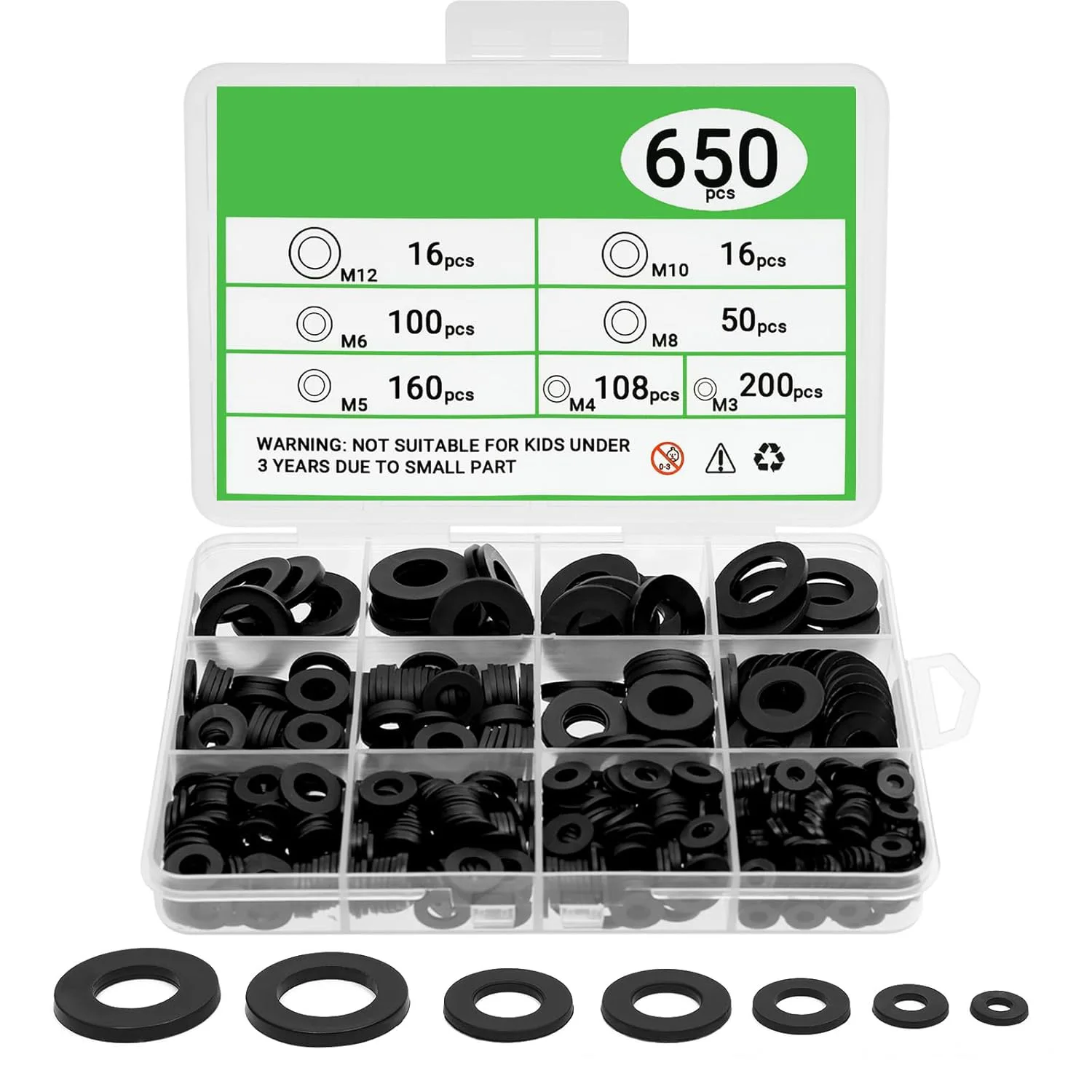 

650pcs black plastic Nylon Flat Washer Assortment Kit M3 M4 M5 M6 M8M10M12 sealing Spacer Insulation Gasket Ring for screws bolt