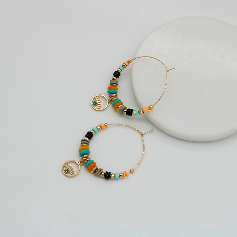 Multi Color Hoop Earrings Bohemia Style Copper Circle Acrylic Beads Drop Earring Large Statement Eye New Fashion Jewelry C1052