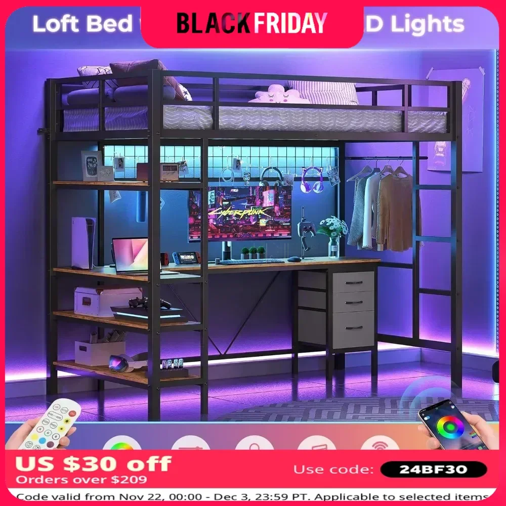 Bunk Beds Loft Bed Twin Size, L-Shaped Desk Charging Station and LED Lights, 4-Tier Bookshelf and 3 Drawers,  Muebles Beds