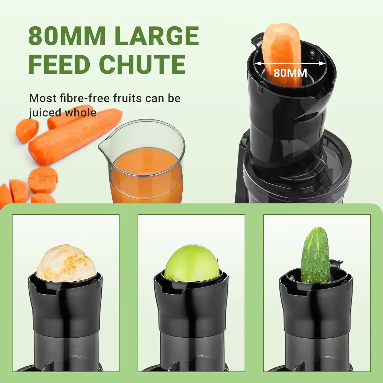 Totalmente máquinas de Juicer de frutas Grande calha de alimentação Espremedor de mastigação lenta Espremedores a frio poderosos com atualização Auger D, 80mm