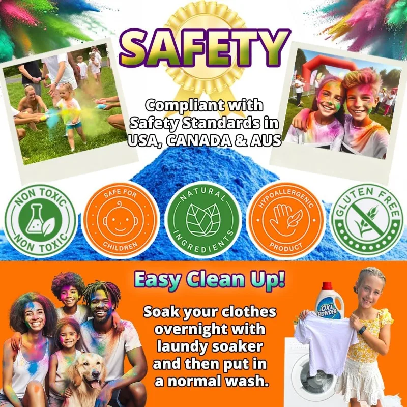 بودرة ملونة للمناسبات الممتعة، 3 رطل لكل مسحوق هولي غير سام، أخضر، أرجواني، أصفر، برتقالي، أزرق ووردي لتجريز الألوان، المهرجان