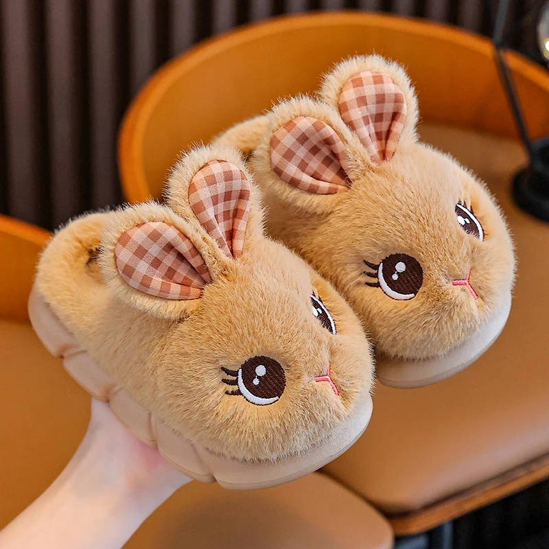 

Cute Rabbit Plush Slippers for Kids, Pink Fluffy Warm Indoor Slippers with Floral Ears, Anti-Slip Soft Home Shoes for Girls Boys