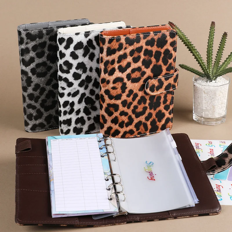 A6 Loose-Leaf Budget Leopard Print Notebook Book Leather PU Notebook book Binder Manual Book With Zip Bag Set Office Stationery