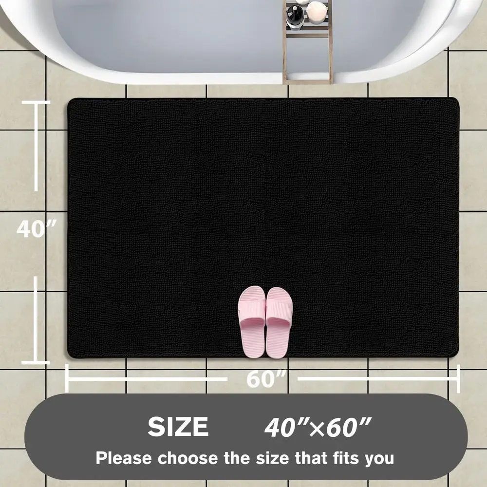 Large 40x60 Chenille Bath Mat - Thick, Absorbent & Washable Non-Slip Rug for Bathroom, Shower, Tub (Black)