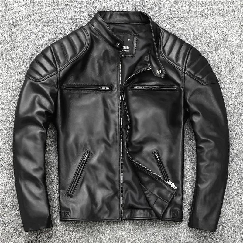 Men's short blue-collar form-fitting leather and casual coat made of top-grain cowhide