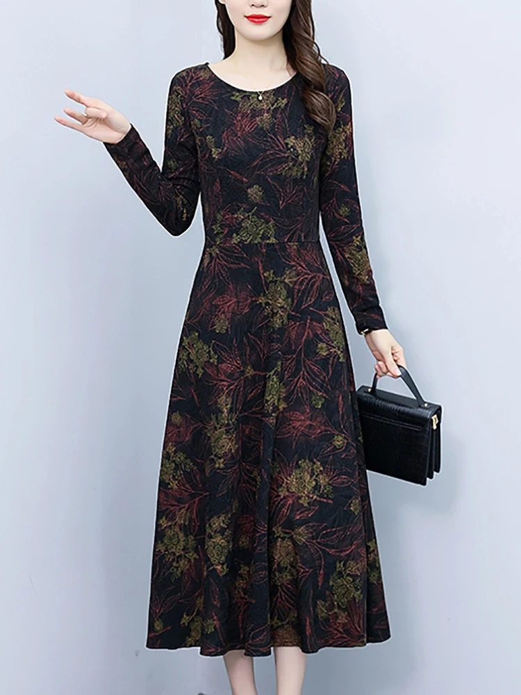 Black Vintage Print Casual Parrty Midi Dress 2024 Autumn Winter Long Sleeve Luxury Long Dress Women Elegant Bodycon Prom Vestido