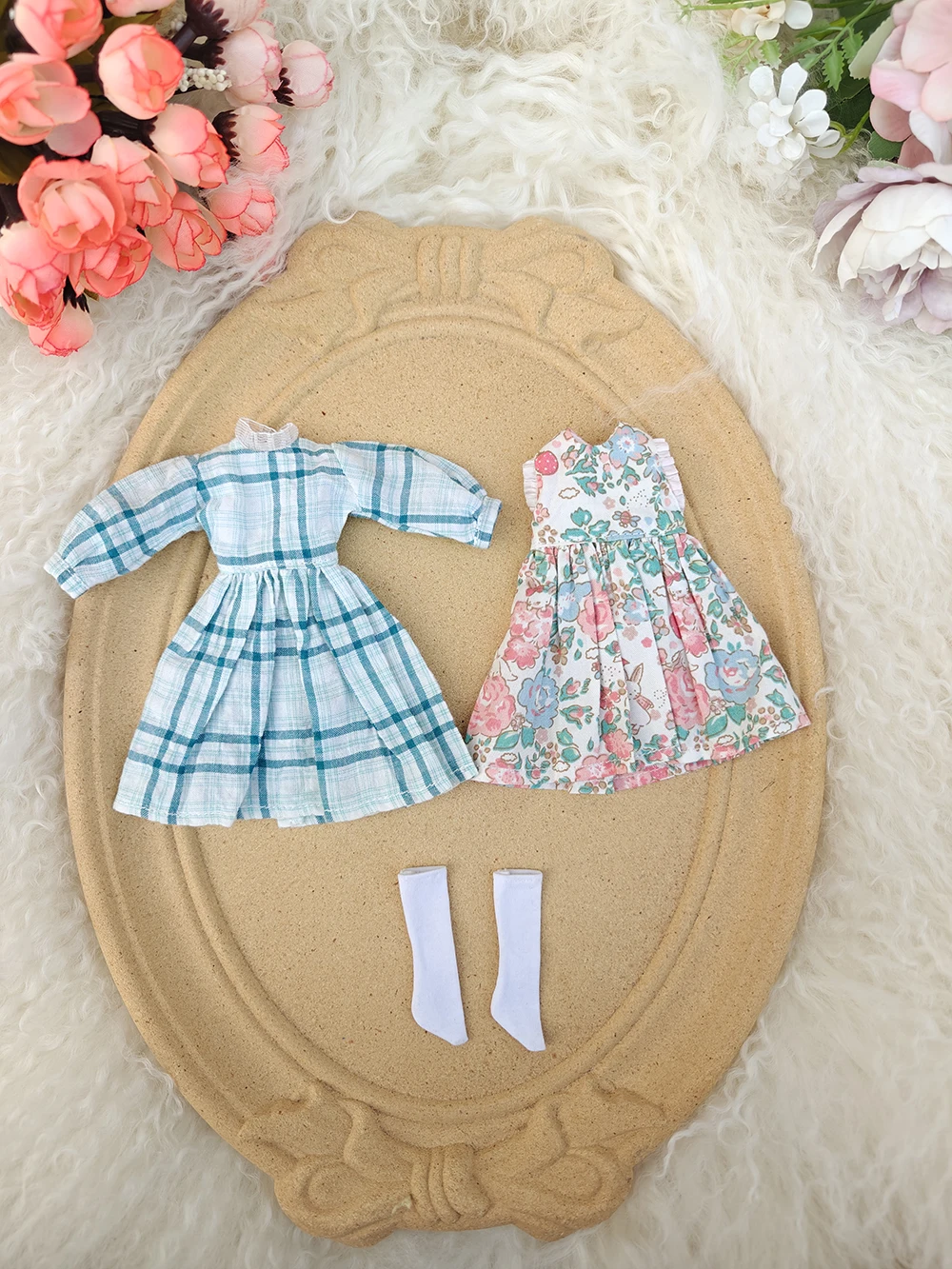 

Одежда для кукол Blythe: весенний комплект с милым зеленым клетчатым платьем и цветочным принтом, аксессуары для кукол Ymy, Licca, Azones, Ob22, 24, 27, YMY.