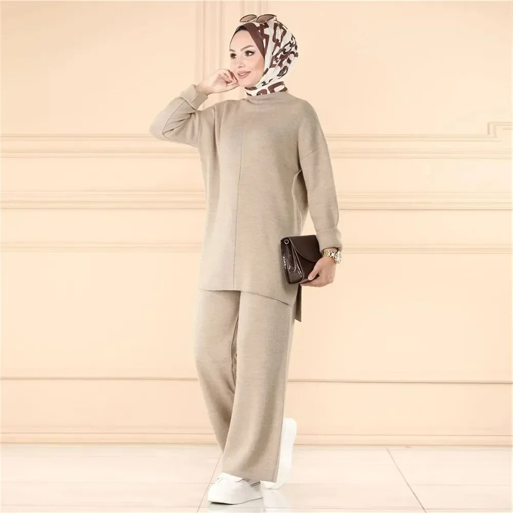 Elegant Casual Autumn Winter Knitted 2 Piece Set Womens Outfits Matching Muslim Set Wide Leg Pants Suit Tracksuit Ramadan Arabic