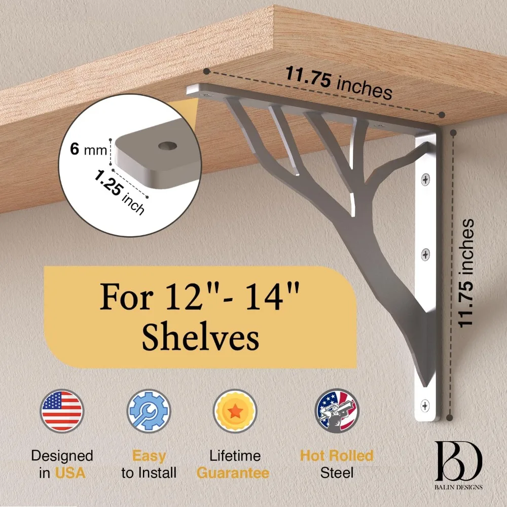 دعامات أرفف معدنية مستوحاة من شجرة ريفية مقاس 12 بوصة شديدة التحمل، دعامات رف عائمة من الحديد المزخرف باللون الفضي