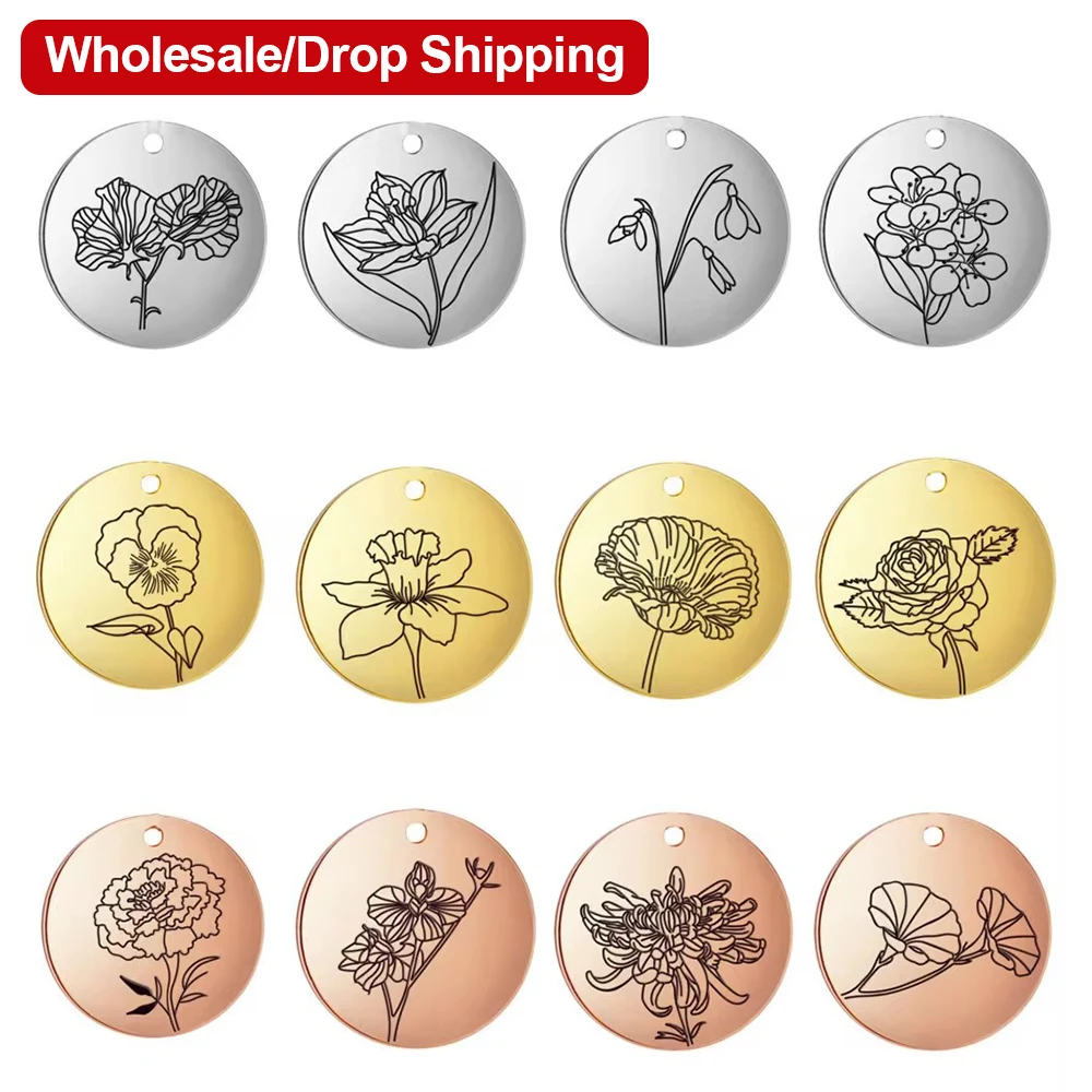 My Shape 5 pcs Birth Month Flower Charms Stainless Steel Daisy Rose Round Pendent for Necklace Bracelet DIY Jewelry Making Gifts