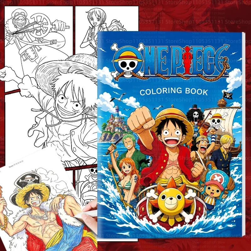 Anime One Piece Malbuch, 36 Seiten, Luffy Zoro Chopper, Bildzeichnungsbuch für Kinder und Erwachsene, Stressabbau, Kunsttherapie, Geburtstagsgeschenk