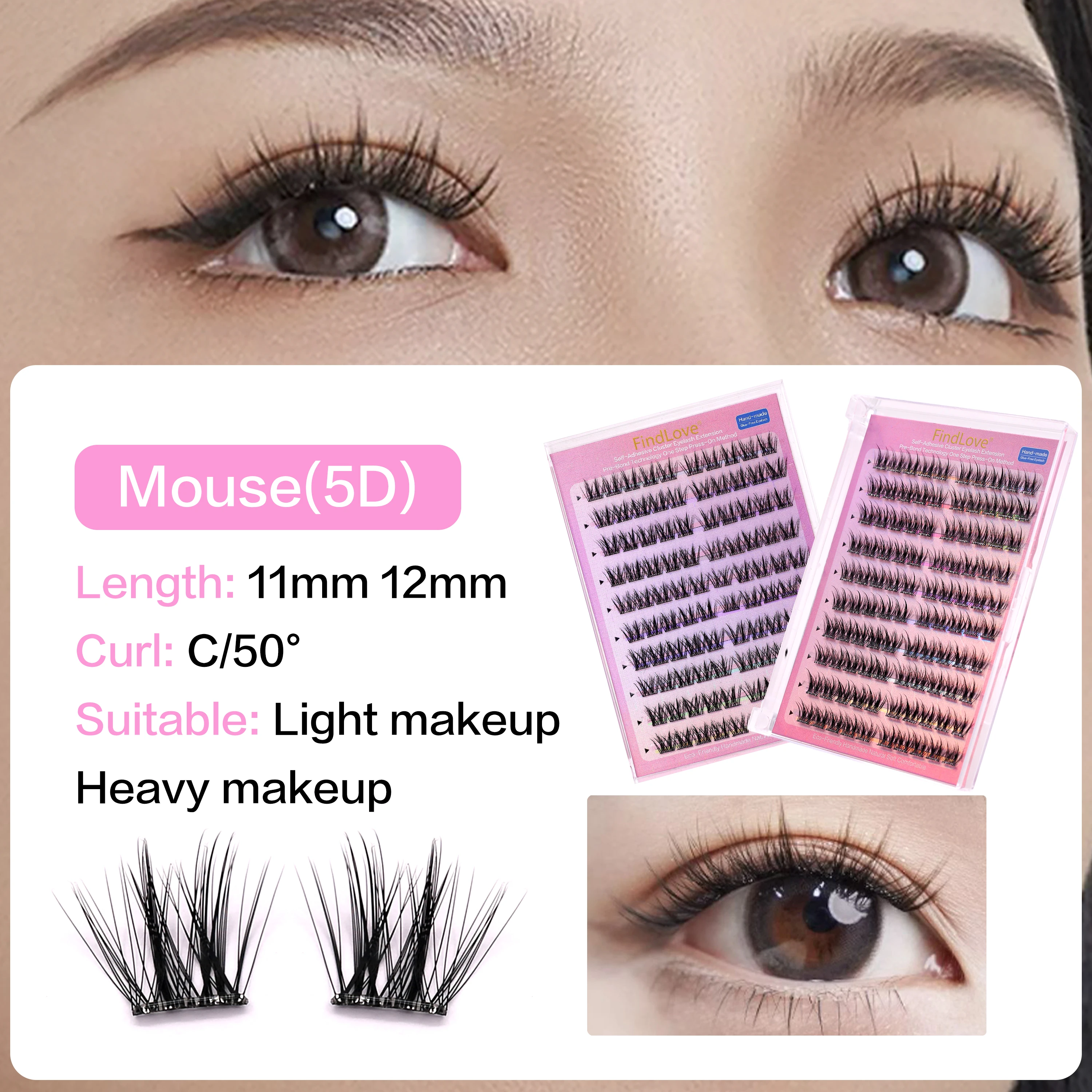 Findlove 100Clusters PRE75-Mouse DIY Self-adhesive No-glue Need Lashes Gift for Women & Girl Eyelash for Daily Use Reuse 2-3time