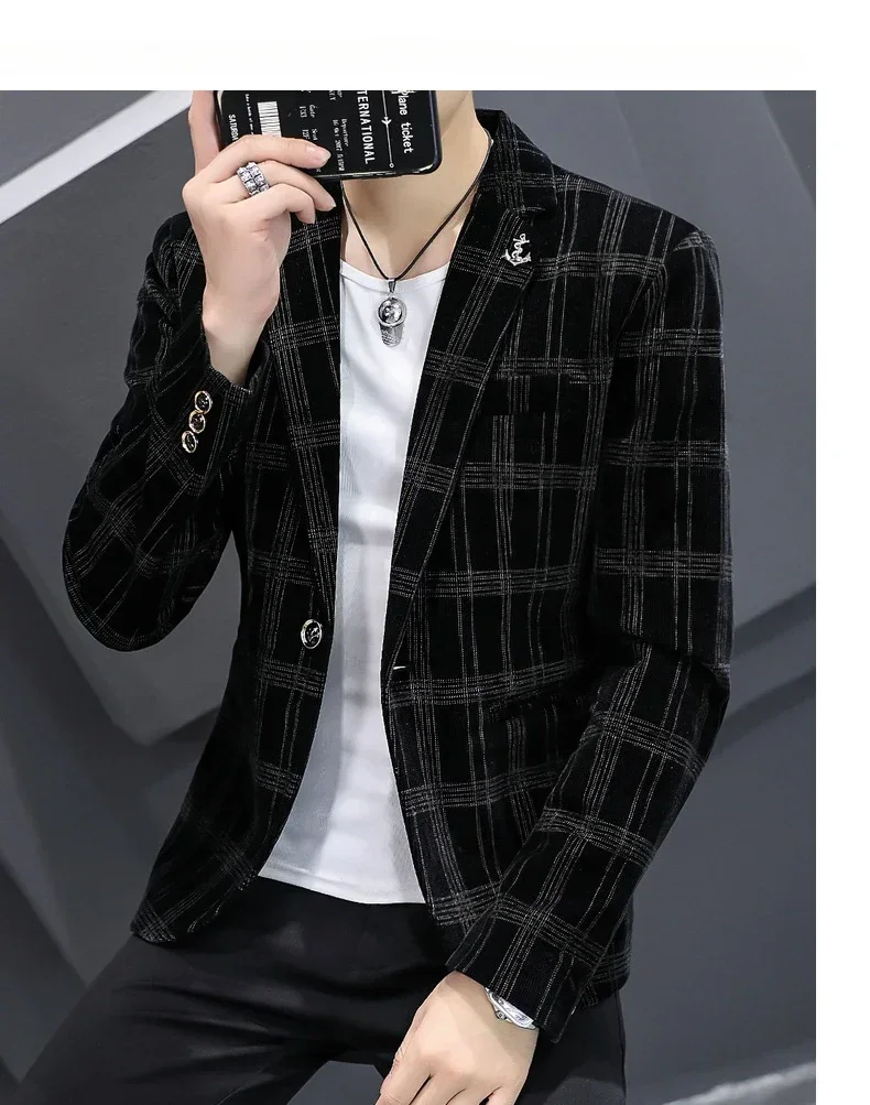 M-5XL New Corduroy Men Blazer Youth Slim Fit Business Casual Formal Small Suit Jacket Wear Personalized Printing Single Coat