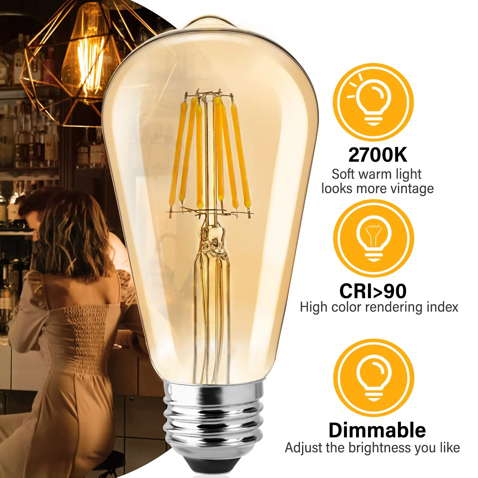 6PCS/LOTS ST64 4W 8W Dimmable Led Bulb Amber Glass E27 Warm White 2700K Filament Light 220V Design Energy Saving 360 Degree Lamp