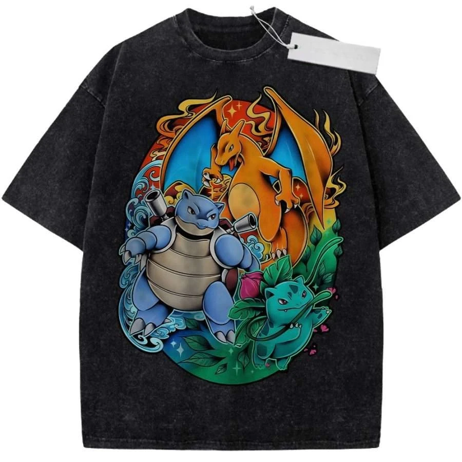 

Мужская черная футболка с эффектом потертости 2026 года с принтом Покемон Чаризард, Бластойз, Венузавр, из высококачественной ткани для повседневного использования