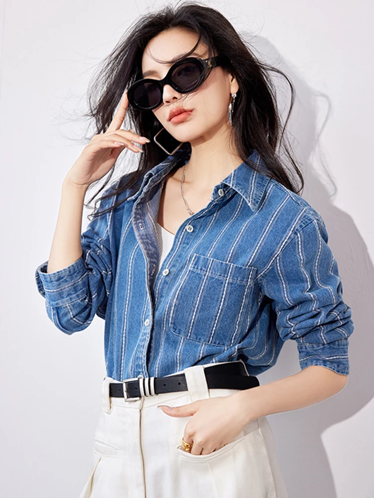 Women Vintage Stripe Denim Shirt Fashion Long Sleeve Single Breasted Blouse 2024 Autumn New Loose Casual Tops