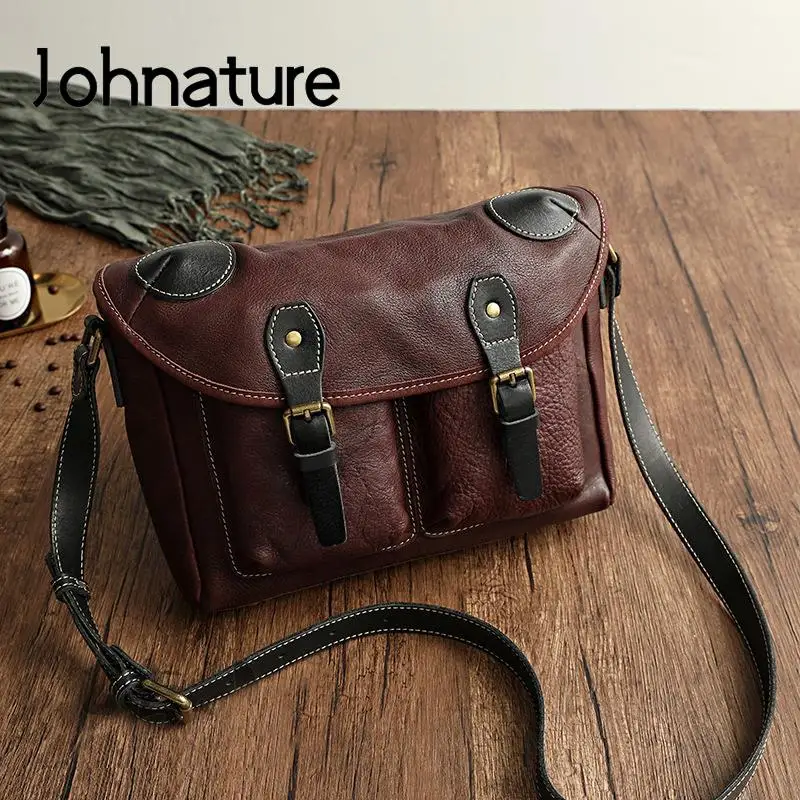 Johnature semplice fatto a mano in vera pelle 2024 nuova borsa da donna Casual borse a tracolla in pelle bovina naturale borsa a tracolla di grande