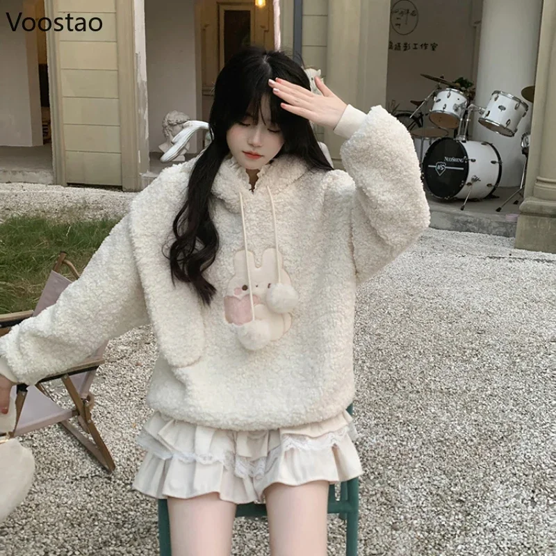 Japanese Sweet Lolita Style Lambswool Hoodies Women Cute Bunny Long Ears Hooded Sweatshirts Korean Rabbit Embroidery Loose Coat