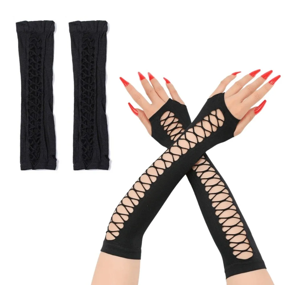 Retro Shiny Women Fingerless Gloves Glitter Mesh Elastic Bridal Gloves Black Hollow Out Half Finger Mittens Dancing Prom