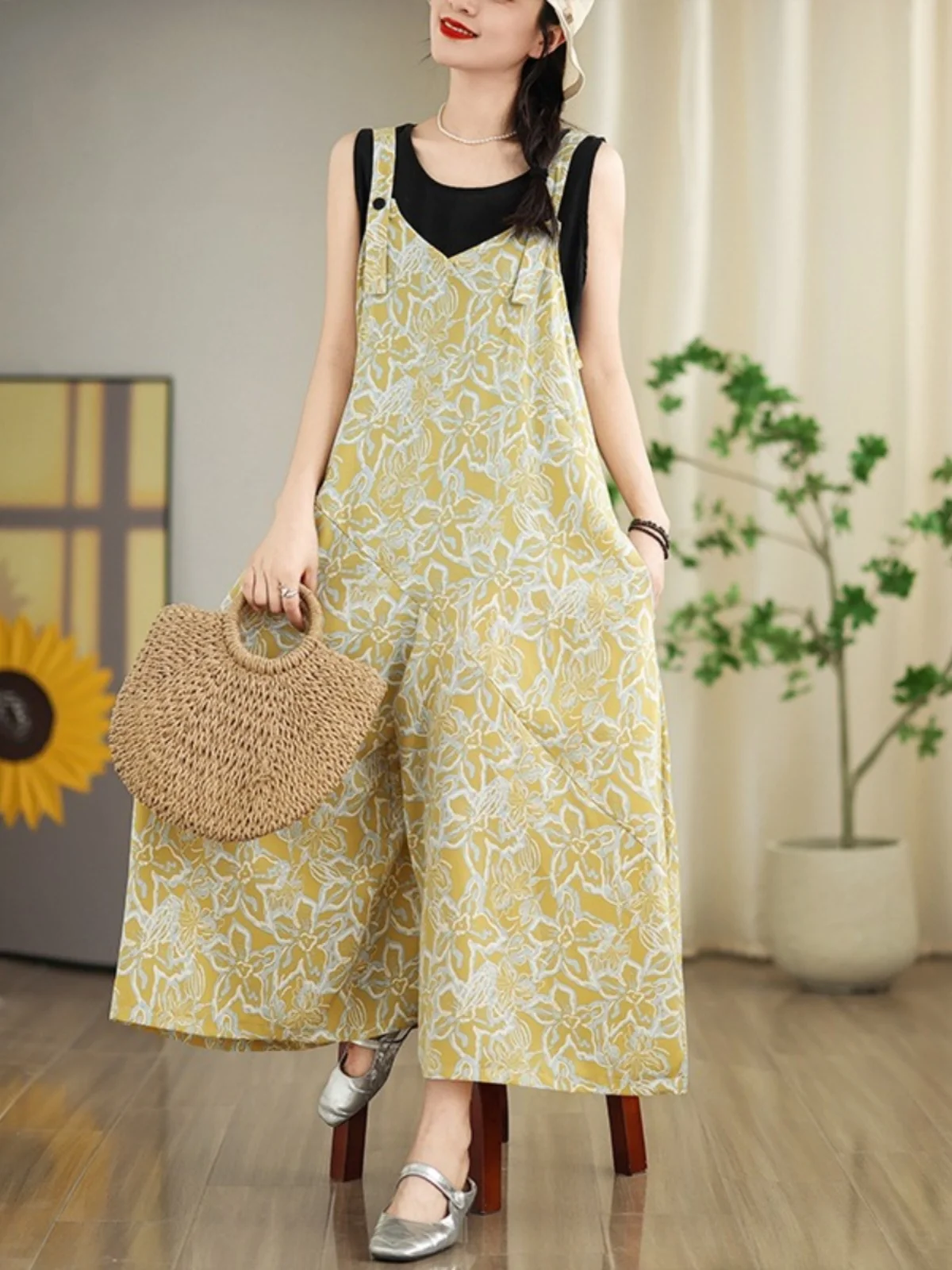 

2025 Spring Print Floral Casual Jumpsuit Women Vintage Streetwear Oversized Loose Wide Leg Overalls Straps Baggy Pants Wh9