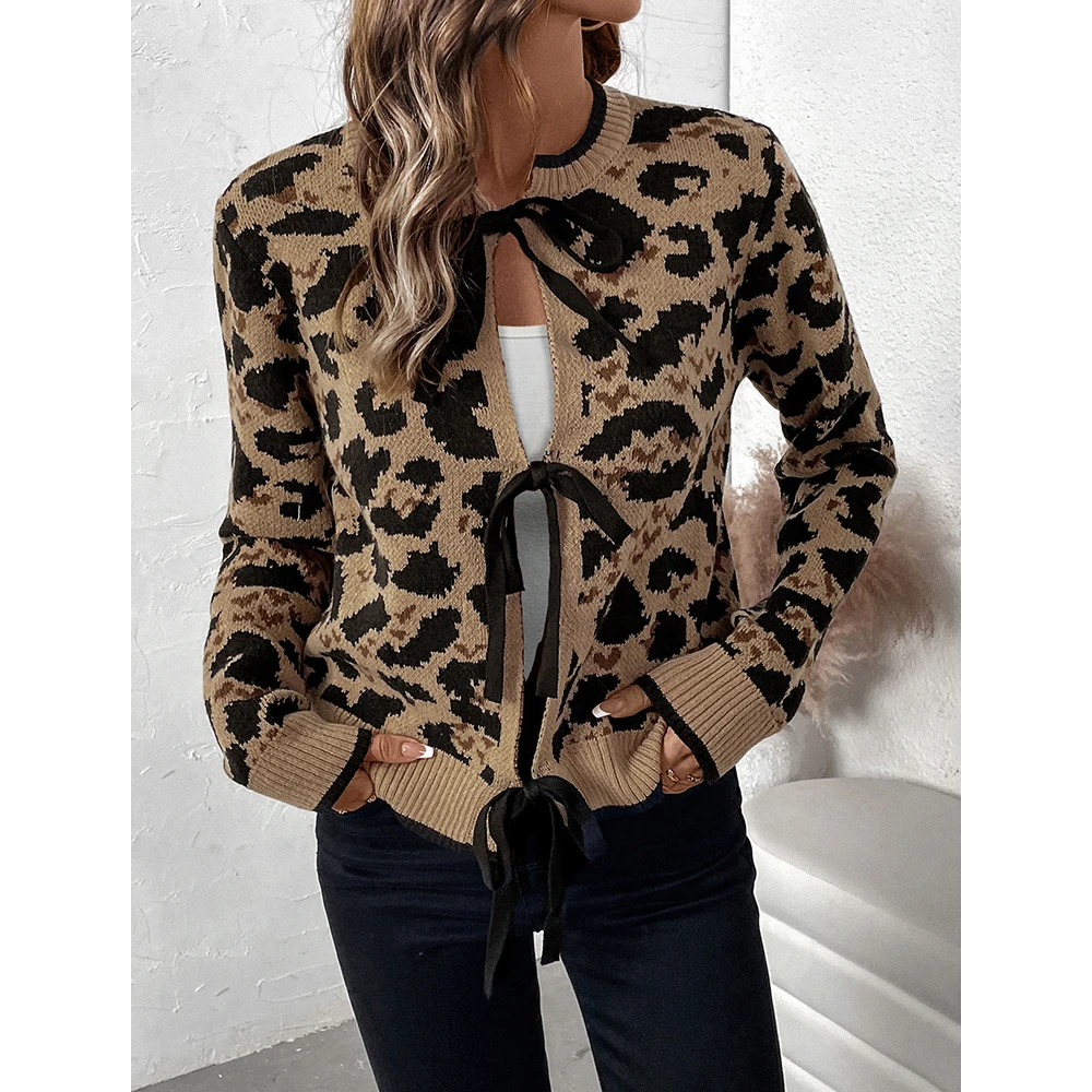 Mia Muse Suéter feminino outono moda elegante frenum leopardo manga comprida gola redonda suéter streetwear